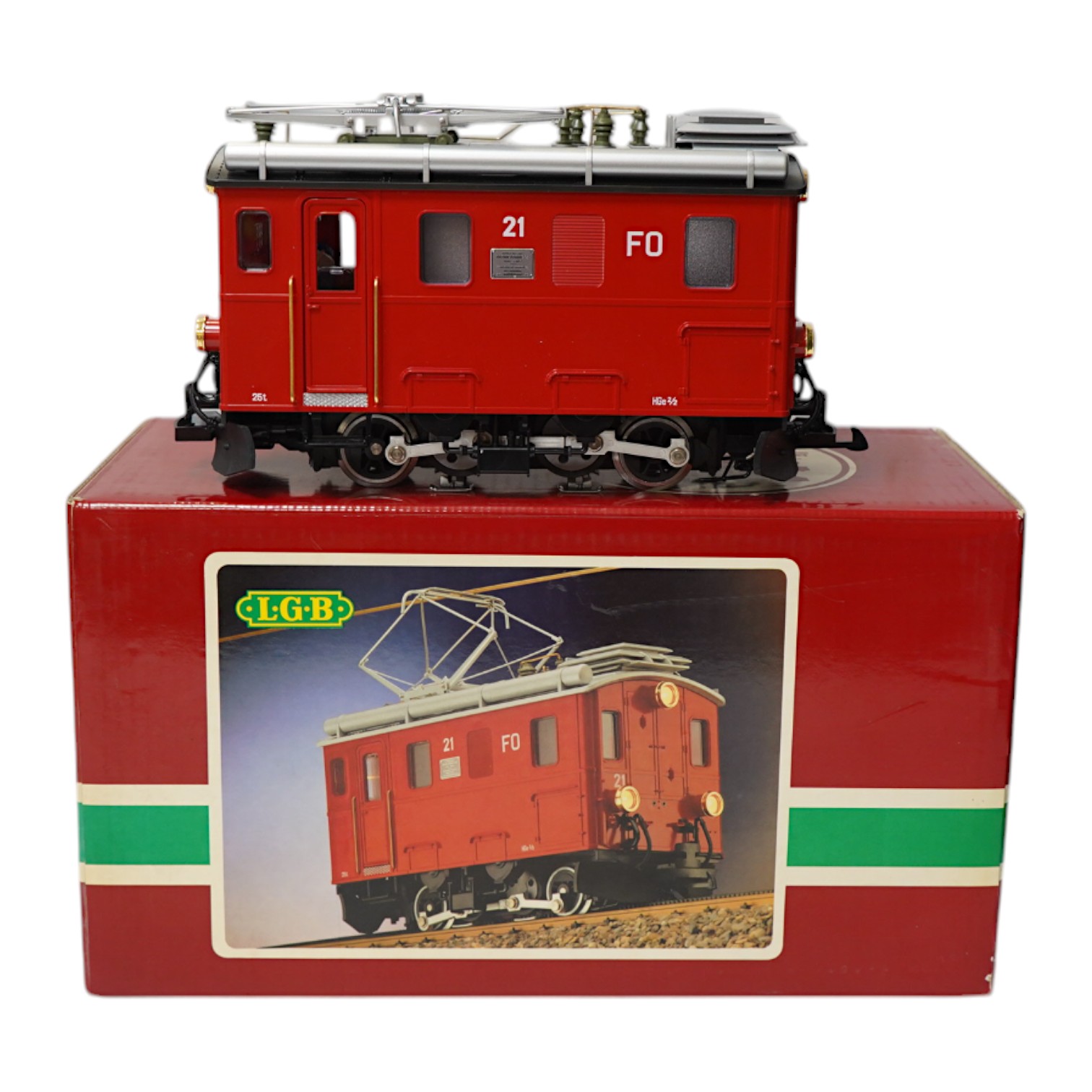 A boxed Lehman LGB (2046) G scale railway FO electric pantograph locomotive, 21, in red livery. Condition - good, evidence of very minor running wear only.